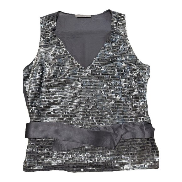 WRAP Evening Blouse Sequin Silver Gray Satin Sash Belt Size Medium Disco - Picture 1 of 6